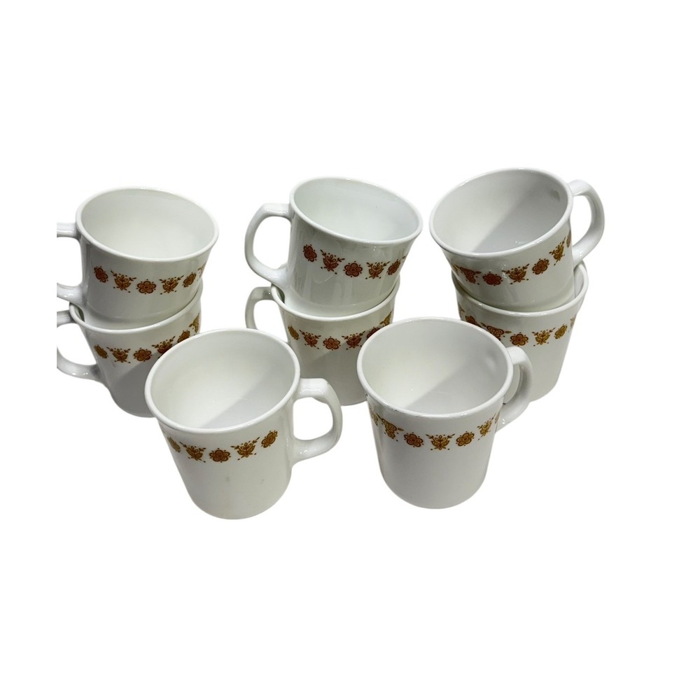 Vintage Corning Butterfly Gold Coffee Mugs Set of 8 White Yellow Floral USA